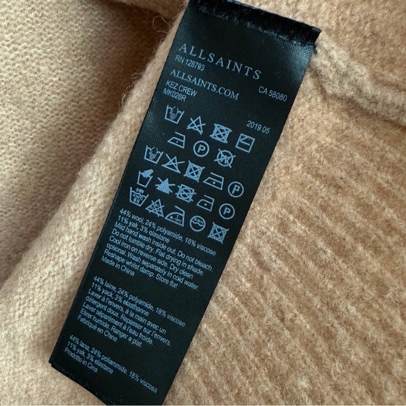 AllSaints Kez Crew Neck Pullover Distressed Wool Yak Blend Sweater, Tan size XS - Picture 8 of 8